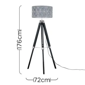 ValueLights Clipper Black Wood and Silver Chrome Tripod Floor Lamp with Grey Felt Weave Design Light Shade with LED GLS Bulb