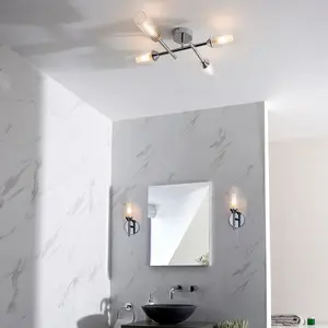 Luminosa Casoria Bathroom Multi Arm Glass Semi Flush Ceiling Lamp, Chrome Plate, Ribbed Glass, IP44