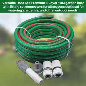 10M Garden Hose Set Complete 4-Pc Starter Kit with Adjustable Nozzle,3 Connectors for 1/2" & 5/8" Hoses, Compatible with Hozelock