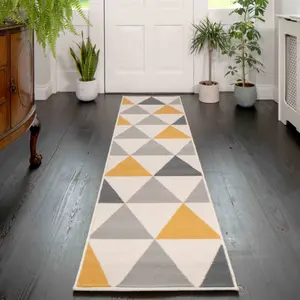 Yellow Ochre Grey Diamond Geometric Living Room Runner Rug 80x320cm