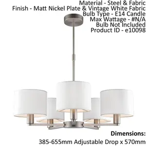 Ceiling Pendant Light Matt Nickel Plate & Vintage White Fabric 5 x 40W E14