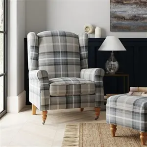 Dunelm Oswald Grande Check Wingback Armchair, Country, Grey Oswald Wingback, Textured Weave Fabric