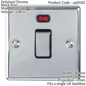 1 Gang 20A DP Single Switch & Neon Power Indictor CHROME & Black Trim