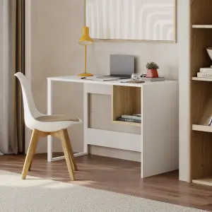 Decortie Model-4 1100(D)cm Computer Desk White and Oak Workstation PC Work Table Office Gaming Desk Shelf with White Metal Leg