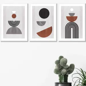 Set of 3 Black Grey Terracotta Abstract Mid Century Geometric Wall Art Prints / 42x59cm (A2) / White Frame