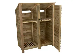 Wooden tool and log store (roof sloping back), garden storage with shelf W-146cm, H-180cm, D-88cm - natural (light green) finish