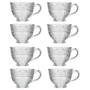 Set of 8 Vintage Style Embossed Footed Coffee Mug Clear Tea Cups