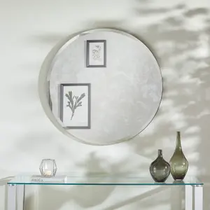 Circular Simplistic Mirror With Bevelled Edge Round Shape Black Frame 80 x 80 Cm, Wall Mounted For Hallways, Living, Dressing Room