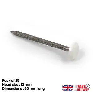 25pk UPVC Panel Pins 50mm Poly Top Pins Nails Plastic Headed Fascia Fixings Roofing Nails White