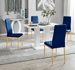 Furniturebox UK 4 Seater Dining Set - Imperia White High Gloss Dining Table and Chairs - 4 Navy Velvet Milan Gold Leg Chairs