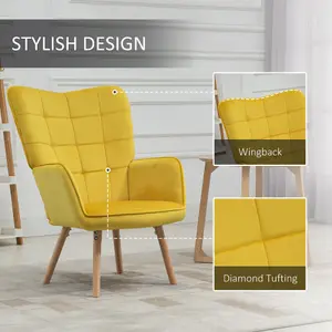 HOMCOM Modern Accent Chair Velvet-Touch Tufted Wingback Armchair, Yellow