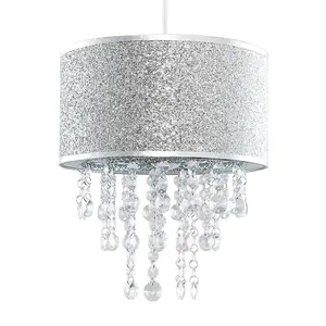 ValueLights Bonita Modern Silver Glitter Cylinder Ceiling Pendant Light Shade with Clear Acrylic Jewel Droplets