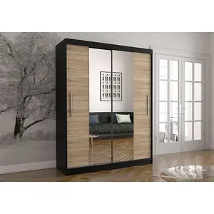 Contemporary Vista 01 Mirrored Sliding Door Wardrobe in Black and Oak Sonoma Finish (H)2000mm x (W)1500mm x (D)610mm