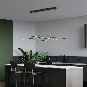 Garwarm Modern Black Dimmable LED 3-Light Wave Linear Chandelier Light with Remote for Dining Room Kitchen Island