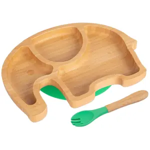 Bamboo Elephant Baby Weaning Plate & Fork Set - Green