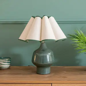 ValueLights Jamie Green Speckle Glazed Ceramic Table Lamp with a Natural Scalloped Edge Fabric Shade - Bulb Included