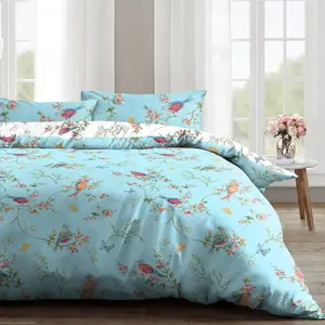 Rasheema Duvet Set Duck Egg/White / Delicate Birds Floral / Super King - 3 Standard Pillowcases