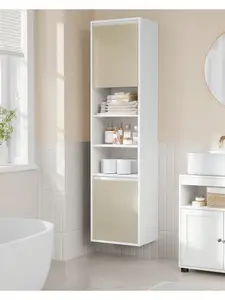 VASAGLE Bathroom Cabinet Wall-Mounted, Tall Bathroom Wall Cabinet, Adjustable Door Swing Direction, 7 Compartments