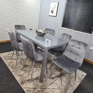 Grey Dining Table and 6 Grey Velvet Chairs Kitchen Dining Set of 6 Glass Table