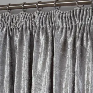 Sienna Crushed Velvet Pair of Pencil Pleat Curtains, Silver - 46" x 54