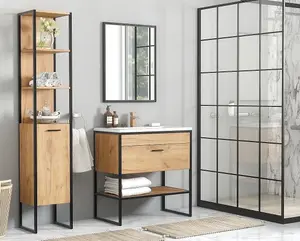 Bathroom Furniture Set: Tall Unit 600 Vanity Sink Cabinet Black Steel Oak Finish Freestanding Loft Industrial Brook