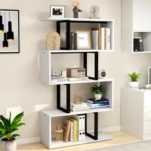 Chaneyra 5-Tier 80 x 143 cm Bookcase, S-Shaped Modern Bookshelf, Decorative Storage Shelving for Living Room HomeOffice, White/Black