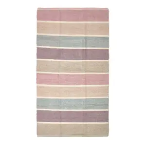 Homescapes Cotton Chenille Striped Rug Blue Beige Purple Grey Natural, 90 x 150 cm