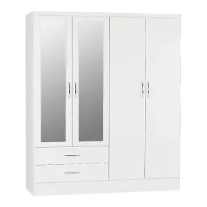 Nevada 4 Door 2 Drawer Mirrored Wardrobe in White Gloss Finish