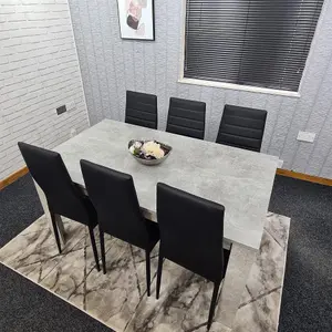 Dining Table and 6 Chairs Stone Grey Effect Wood Table 6 Black Leather Chairs Dining Room