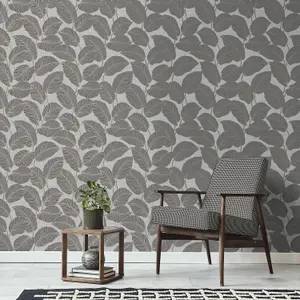 Larson Leaf Wallpaper Fine Décor Charcoal Gold Textured Vinyl Metallic