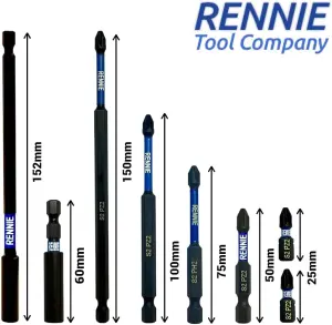 Rennie Tools 8 Piece Extra Long PZ2 Magnetic Impact Screwdriver Bits Set With Impact Bit Holders 25/50/75/100/150mm + Holders