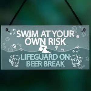 Red Ocean Funny Swim At Own Risk Hot Tub Pool Jacuzzi Hanging Garden Shed Plaque Wall Sign