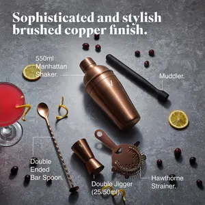 VonShef Cocktail Shaker Set Brushed Copper - 550ml Manhattan Shaker 5pc Home Bar Set with Strainer, Muddler, Jigger & Gift Box