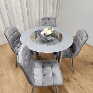 Round Glass Grey Kitchen Dining Table With Storage Shelf And 4 Grey Tufted Velvet Chairs Kitchen Dining Set