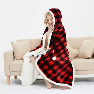 EHC Check Design Super Soft Warm Sherpa Fleece Wearable Hooded Blanket Throw -130 x 180 cm , Red & Black