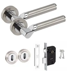 Golden Grace Titan Design Door Handle Dual Finish Satin Nickel/Polished Chrome, 64mm 3-Lever Lock on Round Rose