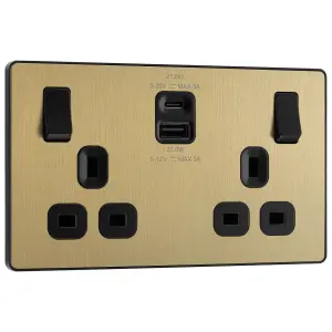 BG Satin Brass Double 13A 22W Raised slim Switched Screwless Socket with USB, x2 & Black inserts