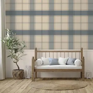 Belgravia Bramble Check Wallpaper Rustic Checkered Pattern Modern Wallpaper For Living Room, Bedroom, Hallway, Office Blue 2306