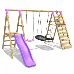 Rebo Wooden Swing Set with Deck and Slide plus Up and Over Climbing Wall - Quartz Pink