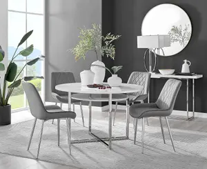 Adley White High Gloss and Chrome Round Dining Table with Storage Shelf and 4 Grey Velvet Silver Leg Pesaro Dining Chairs