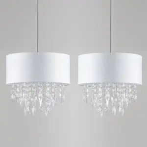 First Choice Lighting Pair Large 40cm Easy Fit Shade Textured White Silver Fleck Acrylic Droplets