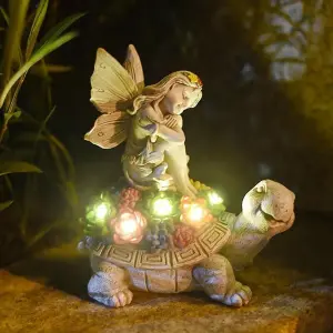 Solar Fairy Tortoise Ornament Garden LED Statue Succulent Decor Stone Effect