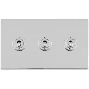 3 Gang Triple Retro Toggle Light Switch SCREWLESS POLISHED CHROME 10A 2Way Lever