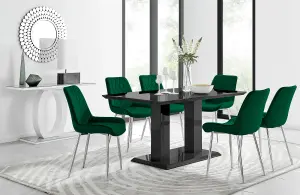 Imperia Black High Gloss 6 Seater Dining Table with Structural 2 Plinth Column Legs 6 Green Velvet Silver Leg Pesaro Chairs