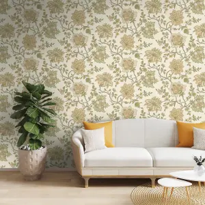 Jacobean Trail Wallpaper Floral Leaves Orange Sage Natural Flowers Feature Wall