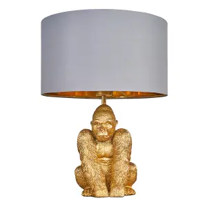 ValueLights Gus Modern Gold Sitting Gorilla Monkey Design Table Lamp with Grey Gold Cylinder Shade