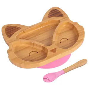 Bamboo Fox Baby Weaning Plate & Fork Set - Pink