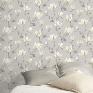 GoodHome Leuzea Grey Floral Smooth Wallpaper