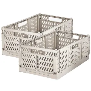 2 x Large Folding Storage Baskets - Grey Plastic Collapsing Home Storage Portable Crate Organizer Boxes - H12.2 x W20.5 x D30.5cm