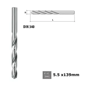 Quality Drill Bit For Metal - Polished HSS DIN 340 Silver - Diameter 5.5mm - Length 139mm